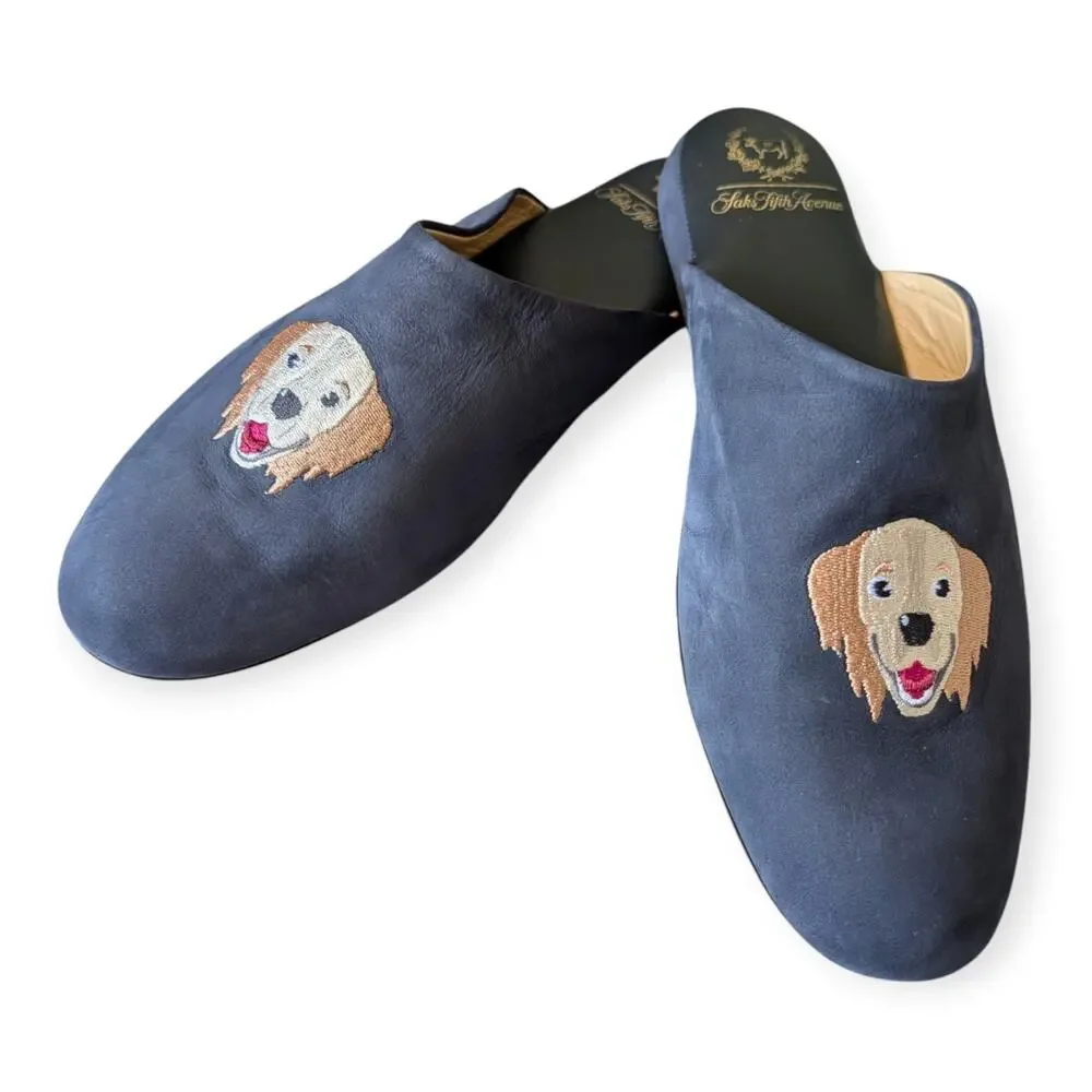 Del Toro x Saks Fifth Avenue Dog Embroidered Navy Blue House Slippers Mens 10.5